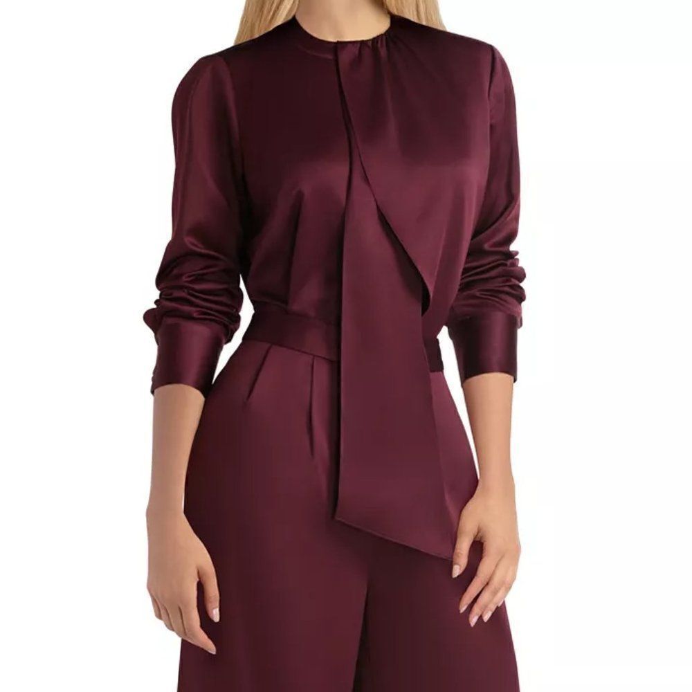 NEW! H Halston Long Sleeve Scarf Detail Blouse Top - size XS in Port Royale.